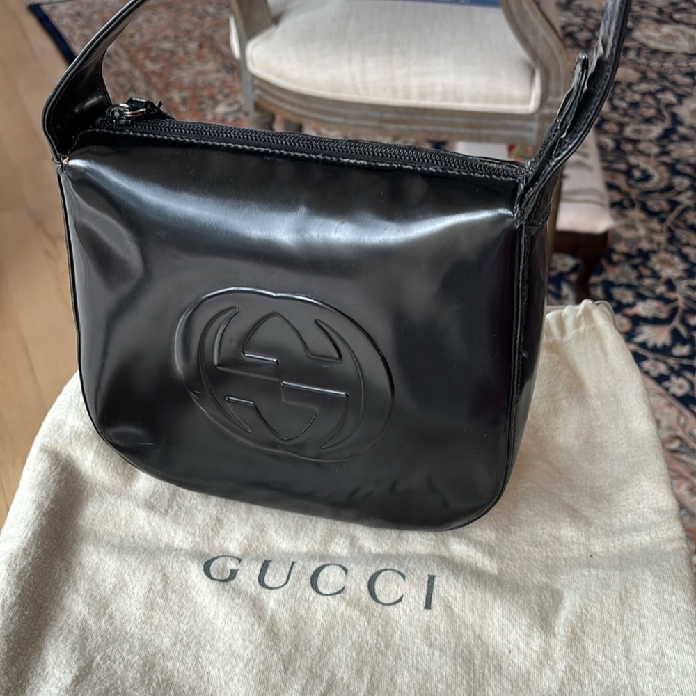 Gucci Vintage 90s Spazzolato Patent shoulder purse interlocking embossed GG Logo
